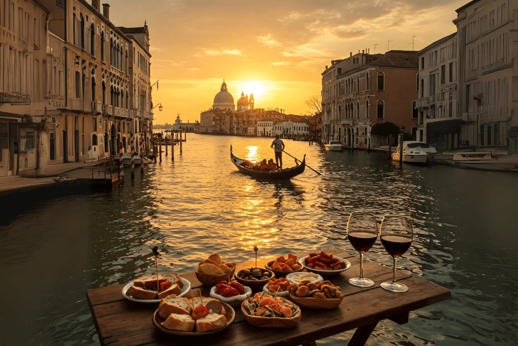Roteiro Itália do Norte: Cena atmosférica de um canal em Veneza ao entardecer, com uma gôndola passando e uma mesa de bacaro com cicchetti e vinho em primeiro plano, representando a cultura e gastronomia local.