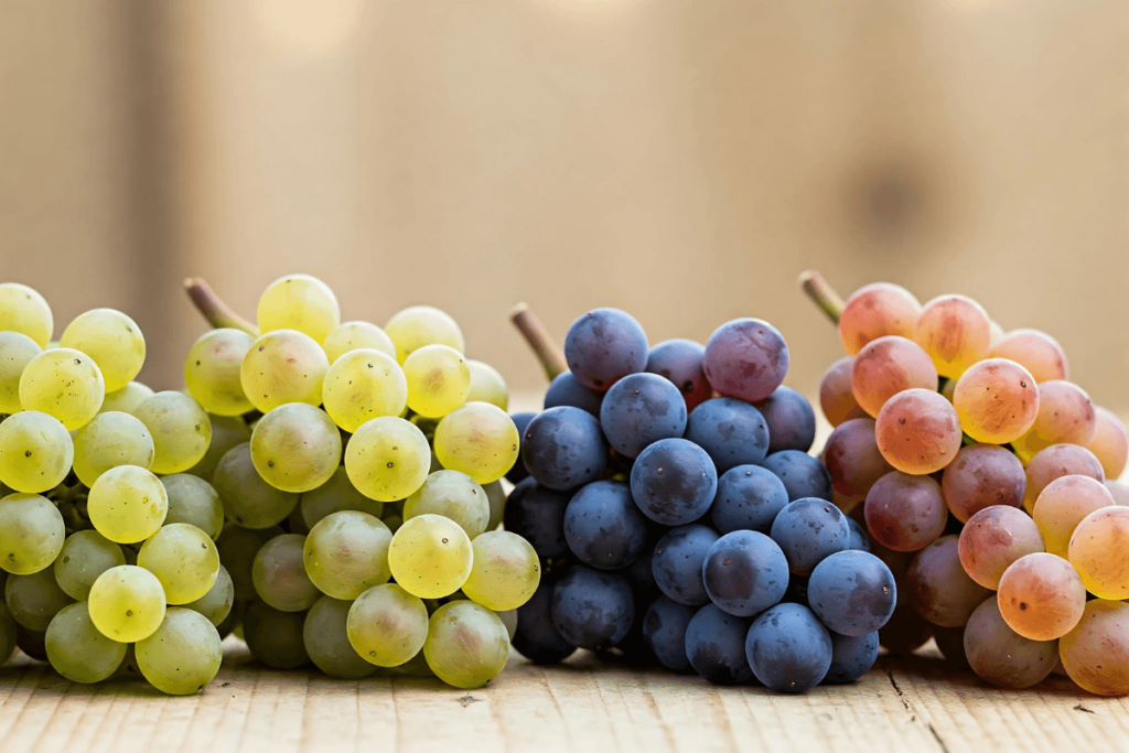 Close-up de três cachos de uvas distintas (branca, tinta, rosada) sobre superfície de madeira, representando a variedade dos tipos de uva da Alsácia, como as uvas nobres.