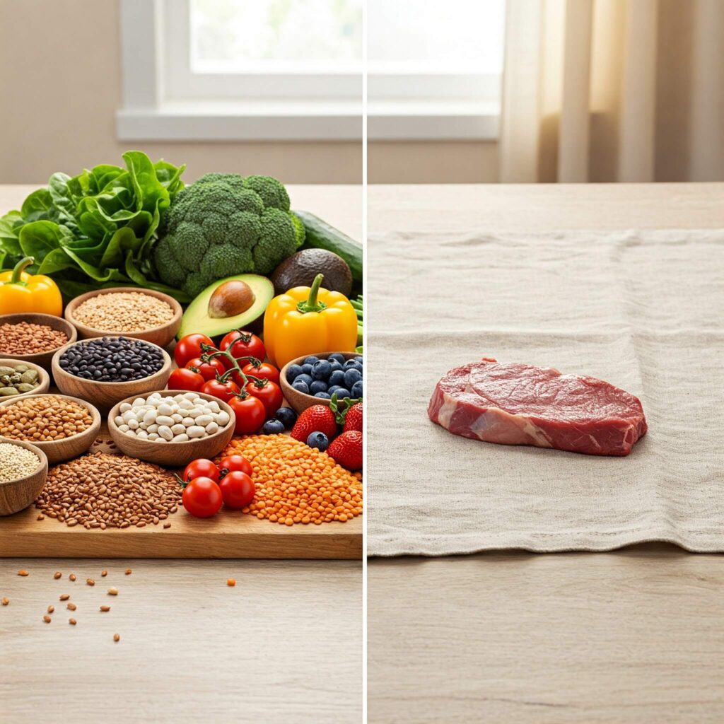 Foto realista impactante (estilo flat lay) mostrando um lado com grãos, legumes e frutas coloridos ocupando pouco espaço, contrastando com o outro lado que simboliza o grande espaço necessário para a carne (ex: pequeno pedaço em prato grande vazio), ilustrando o uso eficiente da terra no veganismo para a sustentabilidade do planeta. Luz natural