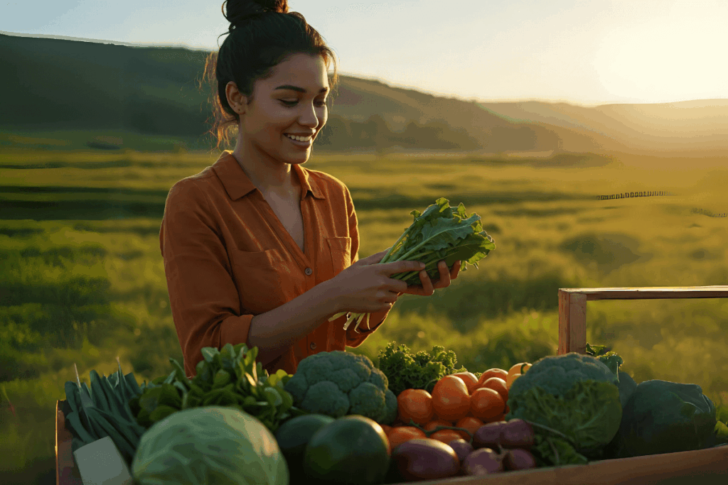 Pessoa sorrindo enquanto escolhe vegetais frescos e vibrantes, transmitindo uma sensação positiva ao adotar um estilo de vida vegano e sustentável.