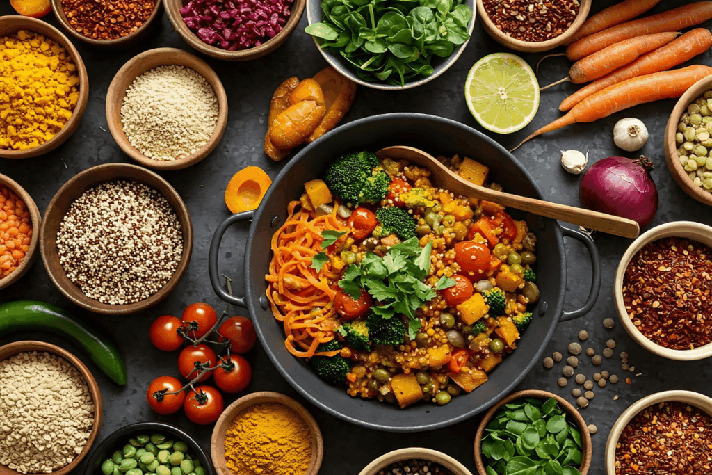 Foto vibrante mostrando diversos ingredientes veganos coloridos, como legumes, grãos e temperos, representando a variedade e o sabor de uma vida vegana sustentável.