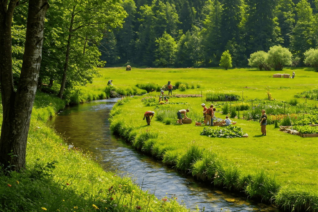 Paisagem inspiradora da natureza preservada, com floresta viçosa, rio limpo e campo verdejante, representando a beleza natural de um estilo de vida vegano e sustentável.