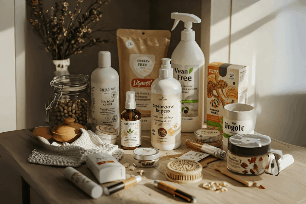 Produtos veganos e cruelty-free, como cosméticos e produtos de limpeza ecológicos, representando um estilo de vida vegano e sustentável.
