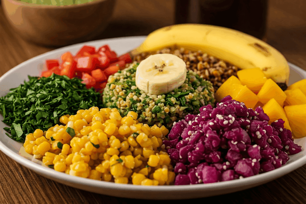 Prato vegano colorido e apetitoso, representando uma vida vegana sustentável com sabores autênticos e ingredientes naturais.