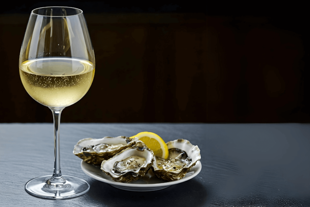 Taça de vinho branco, representativo dos Alsácia, harmonizando com ostras frescas e limão em um prato branco sobre superfície escura.
