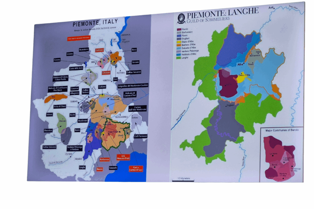 Detalhe de um mapa mostrando a região do Piemonte na Itália, ilustrando a rica história do vinho do Piemonte.