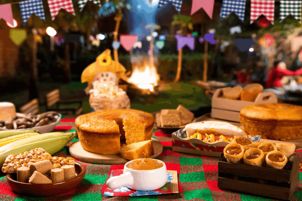 Mesa decorada para festa com toalha xadrez, repleta de comidas tradicionais como bolo de fubá fatiado, canjica, pé de moleque e milho. Ao fundo, uma fogueira e bandeirinhas coloridas.