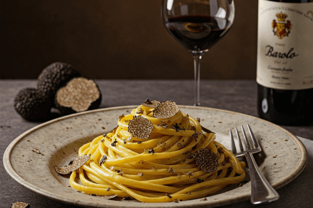 Prato de massa Tajarin com trufas frescas harmonizado com uma taça de vinho Barolo, exemplo de harmonização com vinho do Piemonte.
